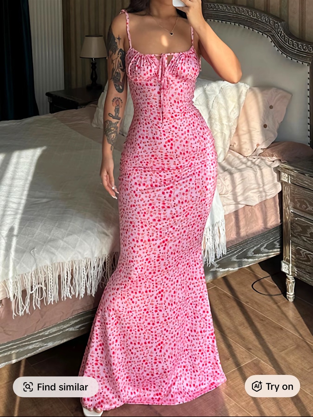 Women’s Pink Spotted Maxi Dress with Tie Front